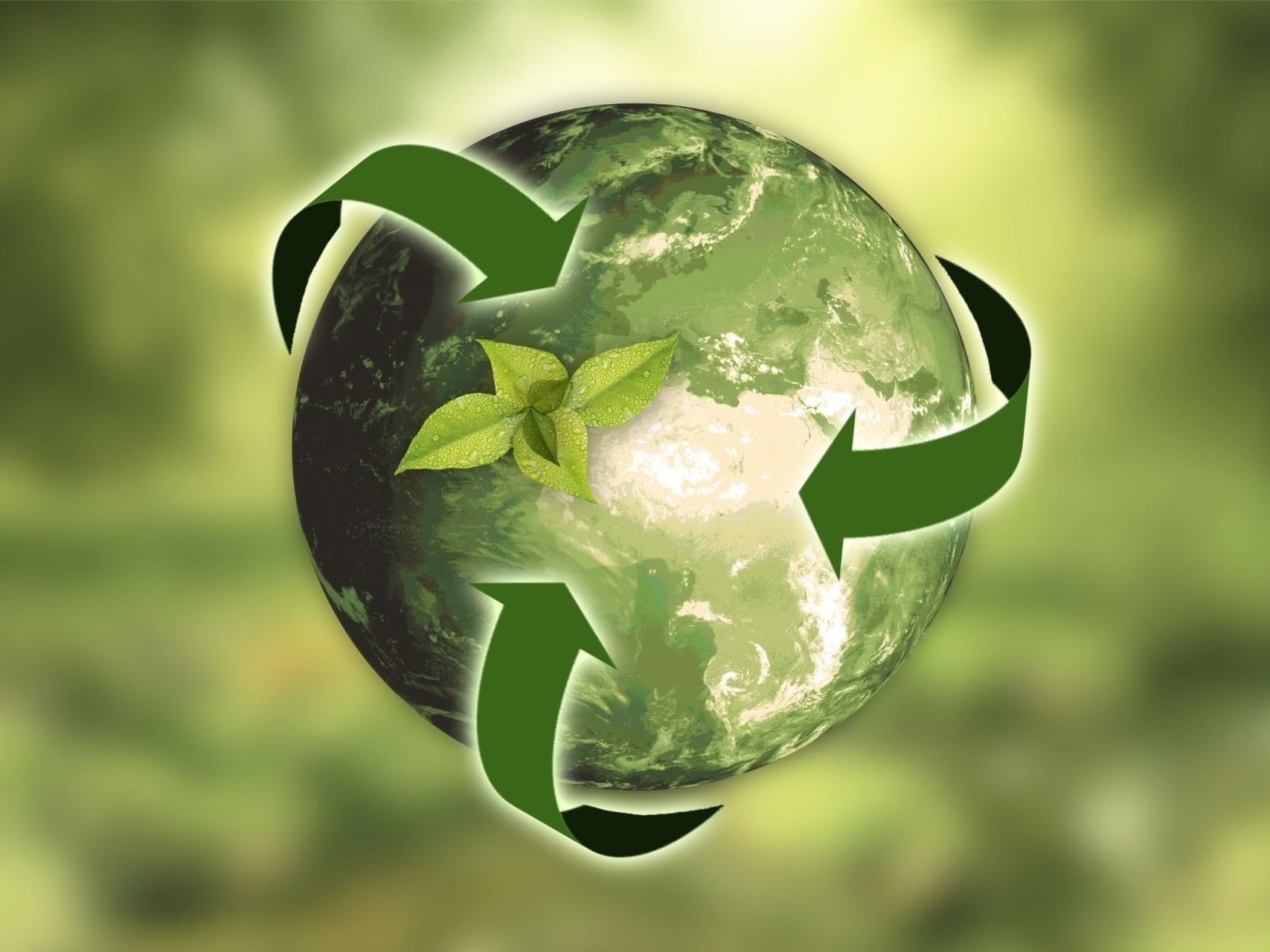 An Earth globe with a recycling symbol and a sprout image used at Titanic Hotels