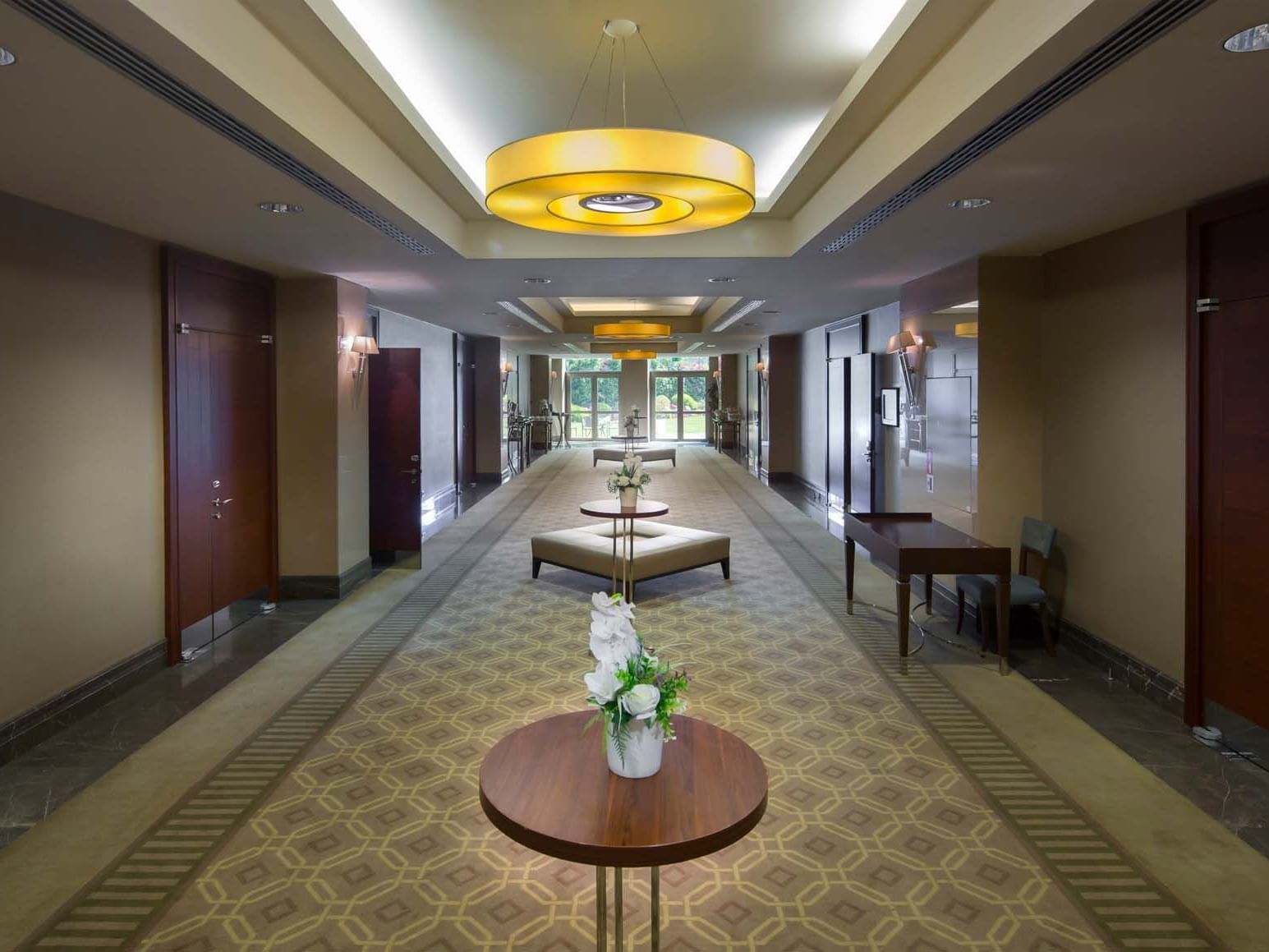 Long hallway with carpet, round tables, and decorative doors in a hotel corridor.