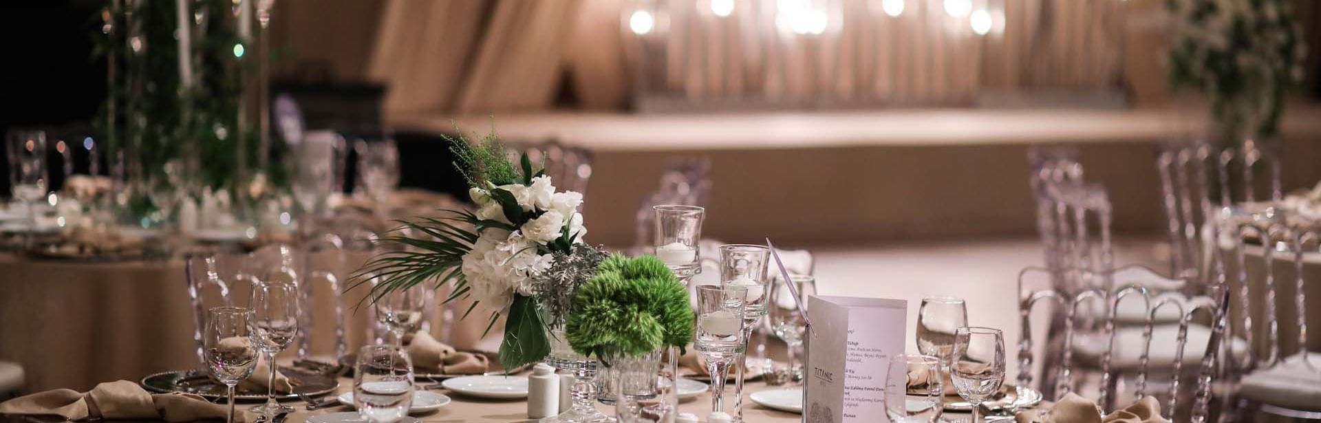 Decorated banquet with cutlery items for a wedding event in Meeting Hall Gala at Titanic Business Kartal