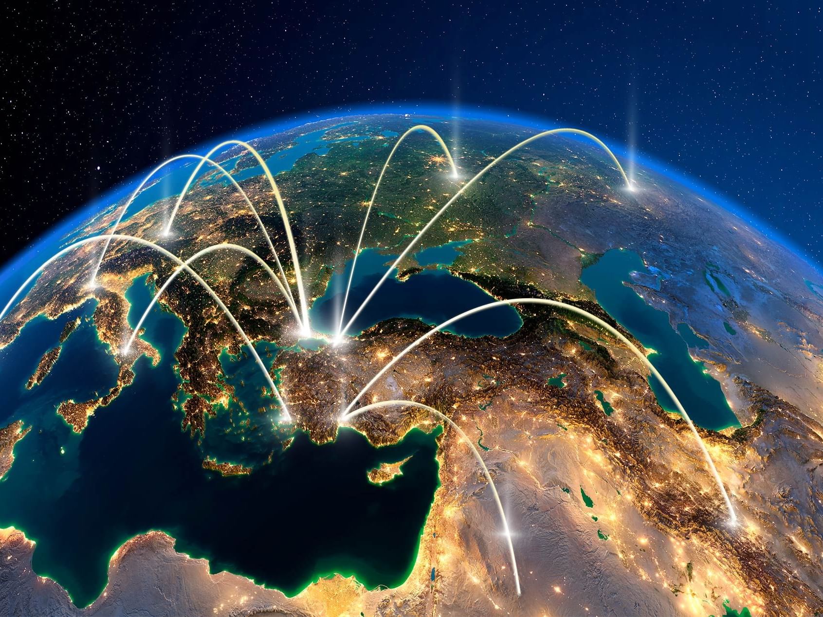 Image of Global world telecommunication network with nodes connected used at Titanic Hotels